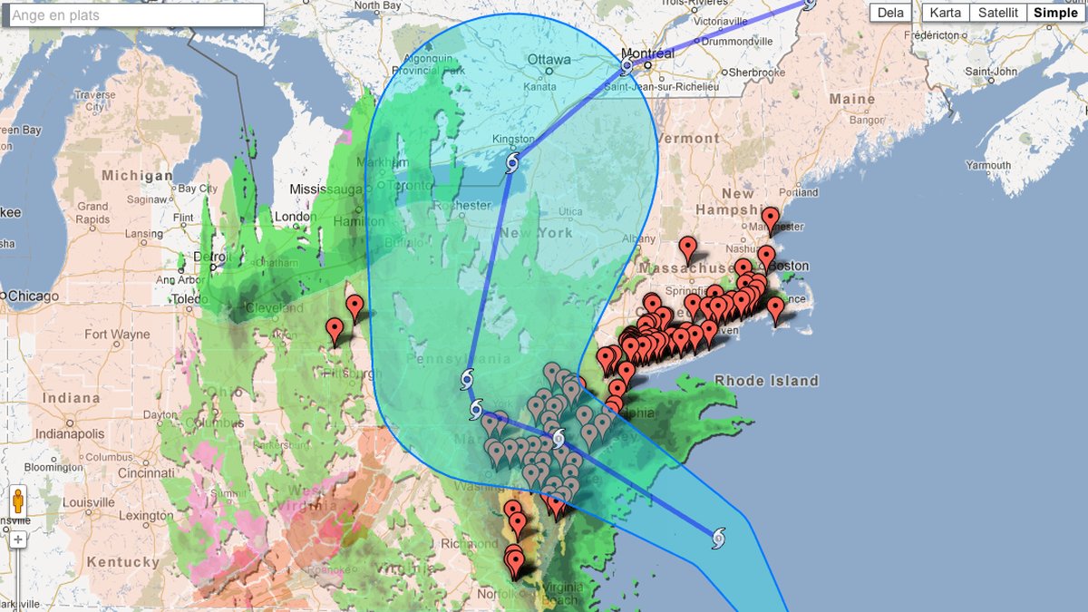 Googles kartor visar hur Sandy rör sig in över östkusten.